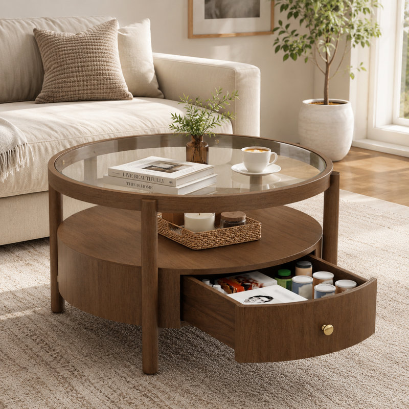 Table basse ronde de 29,5 po avec plateau en verre trempé, tablette de rangement à 2 niveaux et tiroir caché, table de salon moderne en bois brun noyer