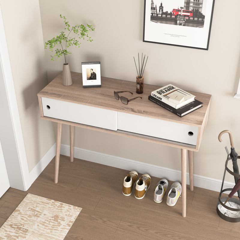 Table d'entrée avec 2 portes coulissantes blanches, console avec espace de rangement et pieds en bois, table de canapé derrière le canapé pour le couloir, salon, couleur naturelle