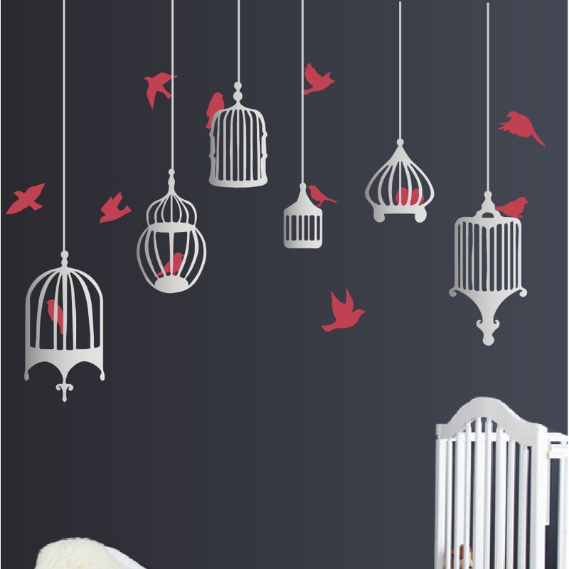 Décalcomanie murale galores oiseau, H 48 po x l 58 po x p 0,01 po, Rouge / argenté