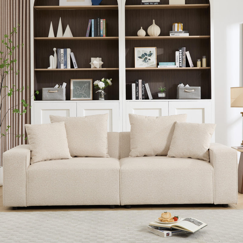 88.58''W Uphostery Sofa With Square Arm, Beige Polyester Blend
