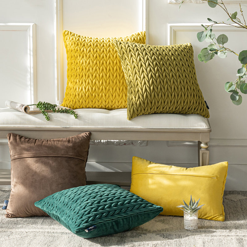 Velvet Quilted Throw Pillows, Braided Textured Decorative Cushion, Square 18"H x 18"W, Yellow