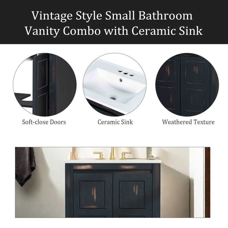 Petit ensemble de meuble-lavabo de style rétro 24 po x 18 po x 34 po avec lavabo en céramique et 2 portes à fermeture en douceur