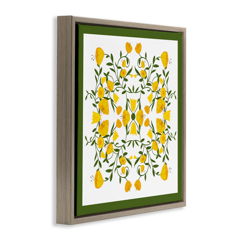 «Golden Blooms Symmetry» par Michelle Ingari Designs, H 25 po x l 25 po, Cadre flottant orme Montalcino