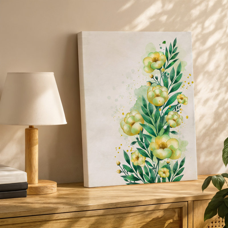 Toile, composition florale vibrante mettant en vedette des fleurs jaunes délicates dans des tailles variées d'art mural gracieusement disposées sur une toile verte