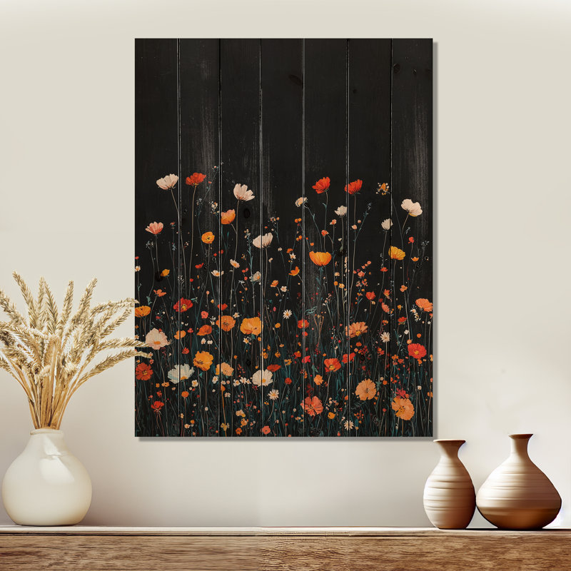 Orange Wildflowers Mid Night Meadow - Wildflowers Wood Wall Decor - On Natural Pine Wood, 44" H x 34" W x 0.78" D