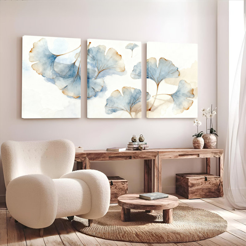 Feuille de ginkgo aquarelle sur toile tendue, ensemble de 3 décorations pour salon chambre à coucher, H 18 po x l 36 po