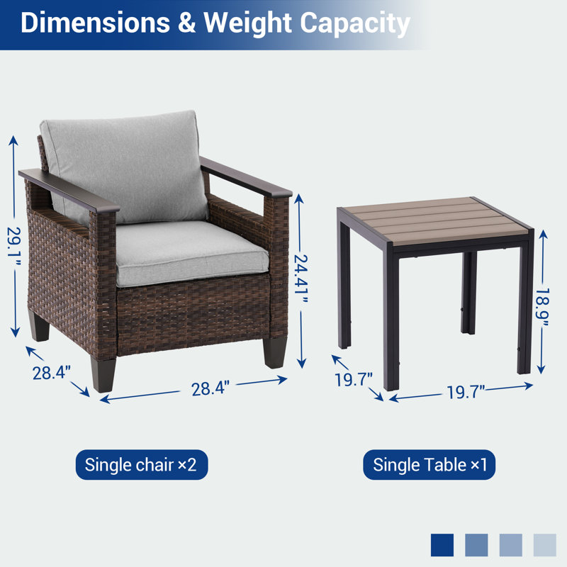 Chaise de patio et table d'appoint en rotin 3 pièces, chaise en osier toutes saisons avec structure en acier, Gris plomb