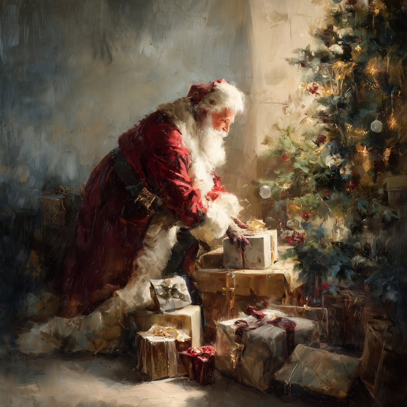 Père Noël préparant des cadeaux, art mural sur toile tendue, 30 po x 30 po
