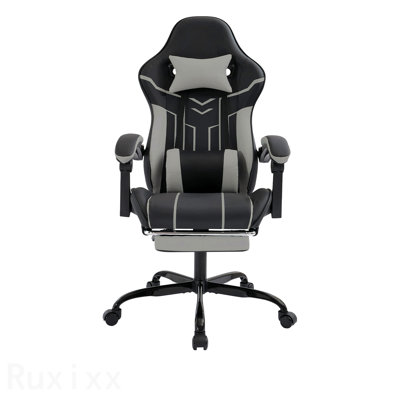 Chaise de jeu noire et grise, chaise d'ordinateur ergonomique, avec repose-pieds, chaise de bureau ergonomique avec dossier lombaire