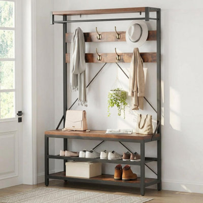 Portemanteau industriel 72 po avec banc à chaussures à 2 niveaux, 8 crochets et tablette supérieure, structure en métal et panneaux aspect bois pour vestibule, brun