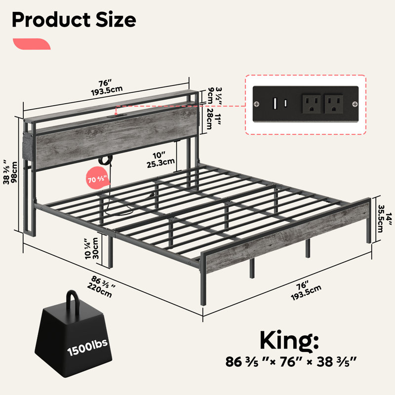 King Size Rustic Metal Platform Bed with LED Storage Headboard