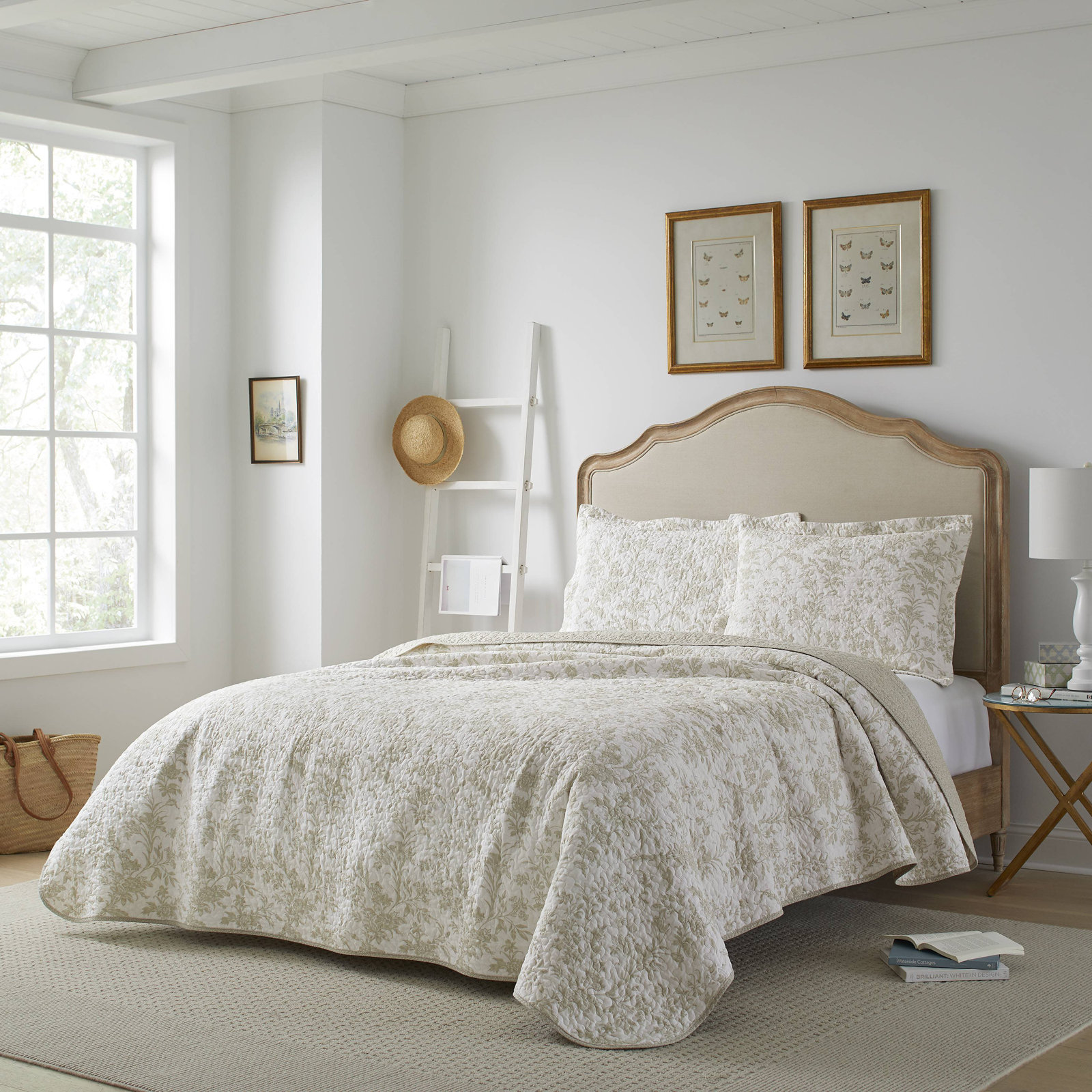 Laura Ashley Amberley Reversible Cotton Quilt Set, Full/Queen Quilt + 2 Shams, Beige