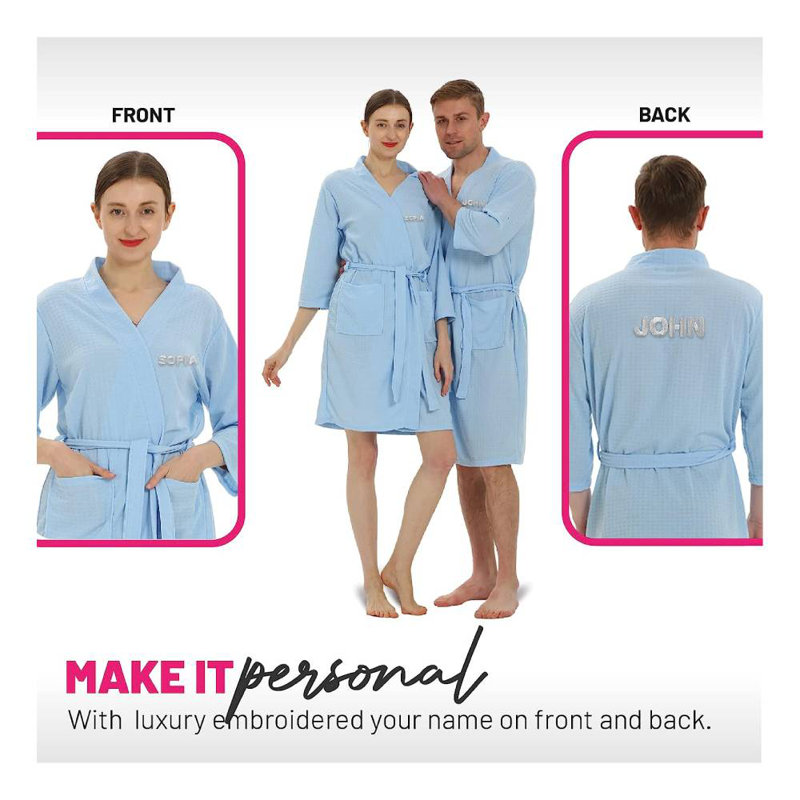 Peignoir en microfibre gaufré unisexe au-dessus du genou avec poches, Bleu clair, L, Oui