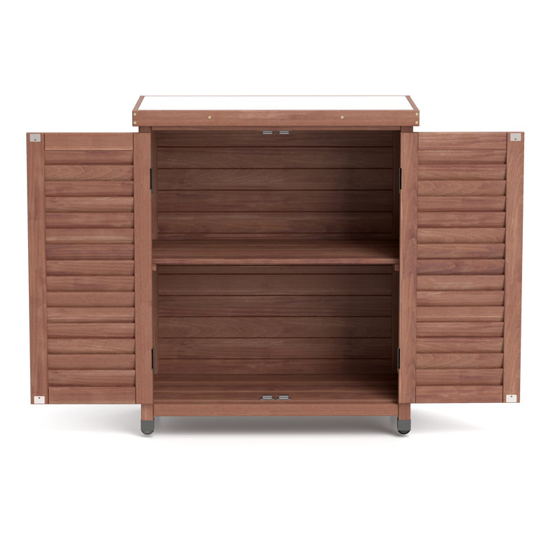 Banc de rempotage extérieur avec armoire de rangement et plateau de table en métal - Poste de travail durable en bois de pruche pour patio et terrasse
