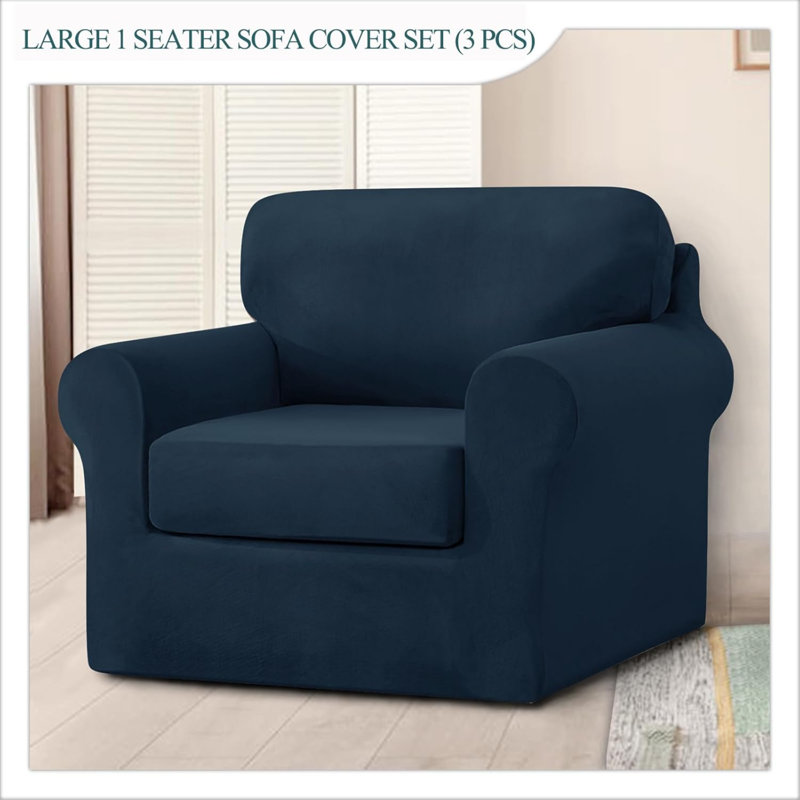 Sofa Cover With Separate Seat Cushions And Backrests Stretch Velvet Sofa Slipcover Couch Covers Furniture Protector Split Combined (Navy Blue,Large 1 Seat Set 3 PCS)