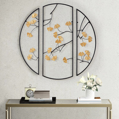 3 Metal Wall Art With Enchanting Gold Ginkgo Leaves On Black Internal Leaf Decor In And For Indoor Use