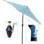 Parasol de patio de 9 pi à rayures bleues, forme de pavillon hexagonal, protection 40+ Upf, inclinaison à bouton-poussoir, système de manivelle, évent pour stabilité, parasol extérieur, auvent rayé, levage à 45 degrés, poteau en acier et