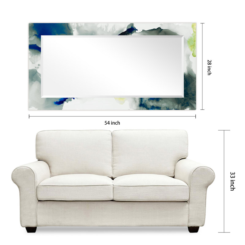 "Part The Skies I"Rectangular Beveled Mirror on Free Floating Reverse Printed Tempered Art Glass, 54" x 28"