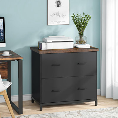 Classeur latéral à 2 tiroirs, classeur en bois rustique pour bureau à domicile, format A4 / lettre, support pour imprimante avec rangement et cadre en acier robuste