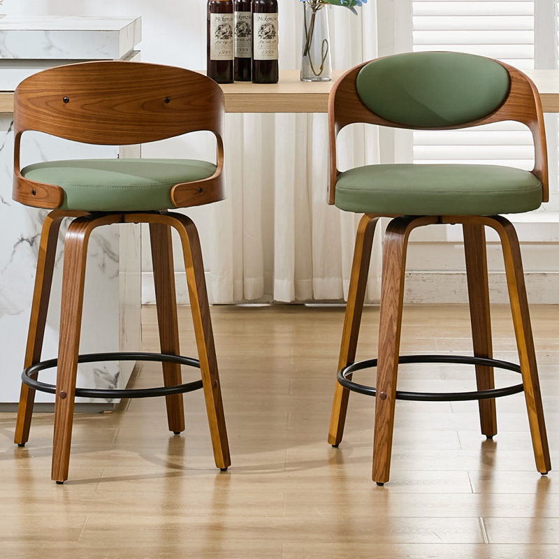 Modern Faux Leather Swivel 26'' Stools , Wood Counter Stools with Footrest, Green, Counter Stool (26” Seat Height)