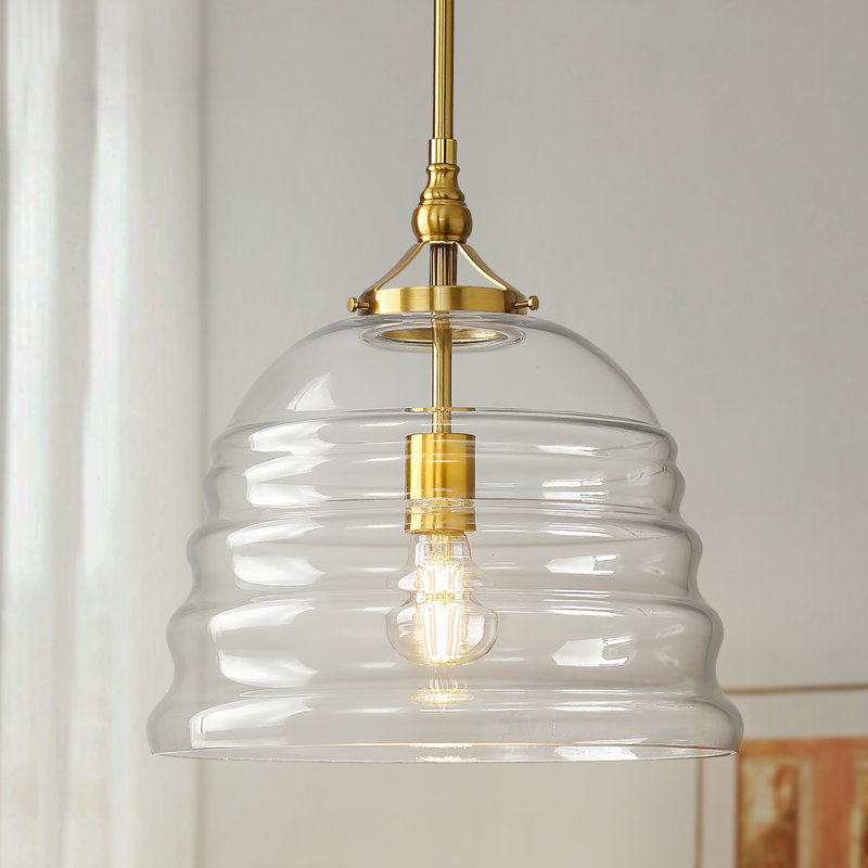 12 in 1-Light Modern Adjustable Hanging Single Pendant Light Fixture with Clear Ribbed Glass Dome Shade, Gold