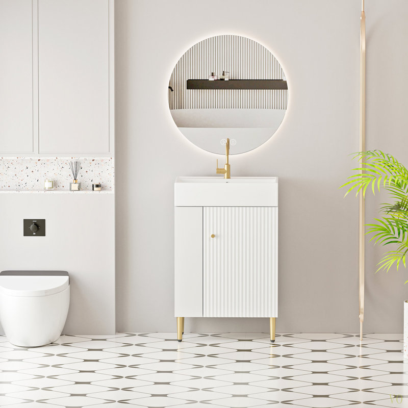 Meuble-lavabo à tablettes ouvertes de 21,6 po avec lavabo en céramique et porte à fermeture en douceur, armoire de rangement pour vestiaire sur le côté gauche, finition à assembler requise