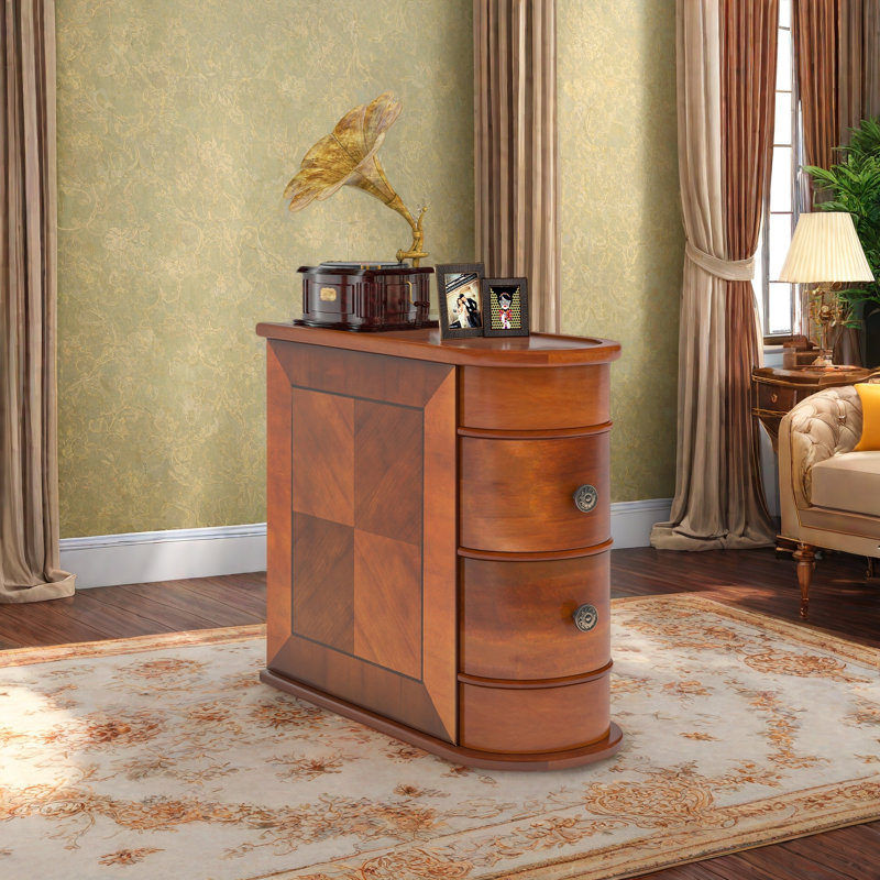 Solid Wood End Table with 2 Storage Drawers, No Assembly Required, Brown