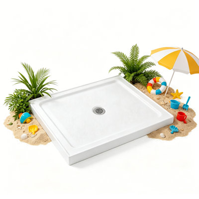 Base de douche 32 po x 48 po avec surface texturée antidérapante, bases de douche et casseroles en acrylique blanc moderne avec égouttoir en acier inoxydable, assemblage et nettoyage faciles, bonde centrale résistante au jaune.