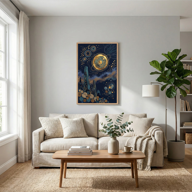 Art mural de planètes dorées et d'étoiles étoilées sur toile bleu marine foncé, 48"H x 36"W
