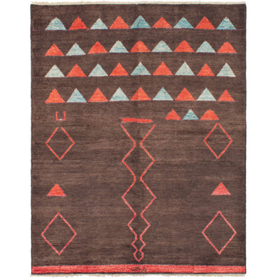 Tapis unique en laine noué à la main mogul des années 2010 de 6 pi 10 po x 8 pi 6 po brun / bleu Andrij