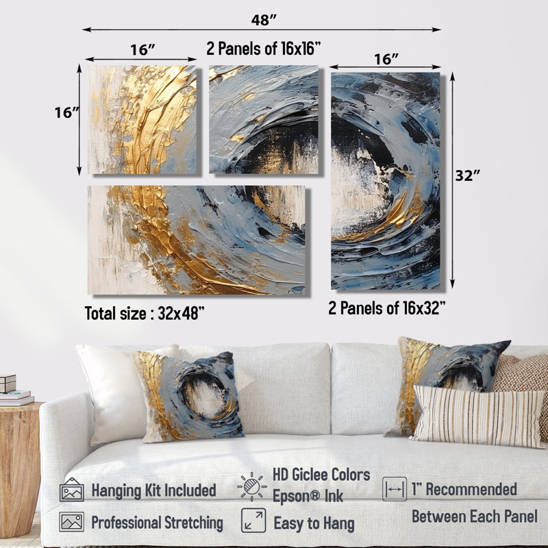 Spirales vibrantes dorées et bleues I - Art mural moderne 4 pièces, Impression encadrée sans passe-partout, Noir