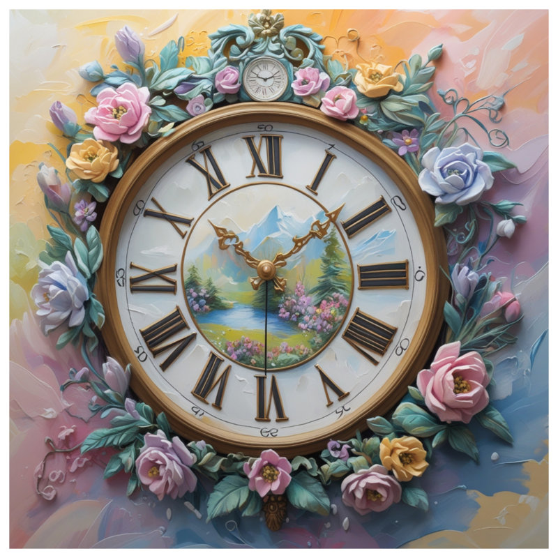 Floral Clock With Landscape Comforter, Twin