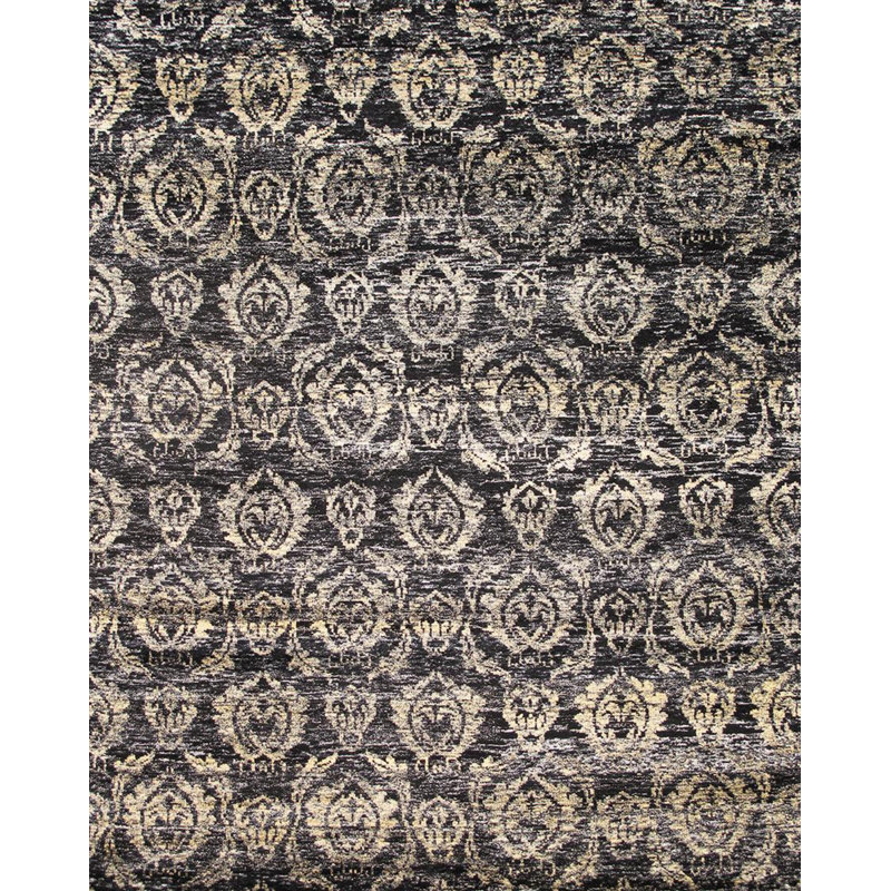 Tapis beige / noir en laine et en coton noué à la main 8 pi x 9 pi 11 po Damask