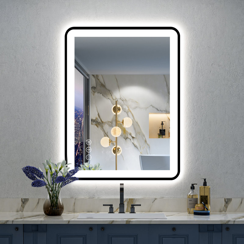 Hyosvany Matte Black Matel Framed LED Vanity Mirror with Front-lit and Back-lit, Memory Function, 3 Color Temperatures, Dimmable Light & Anti-fog Tempered Glass Mirror