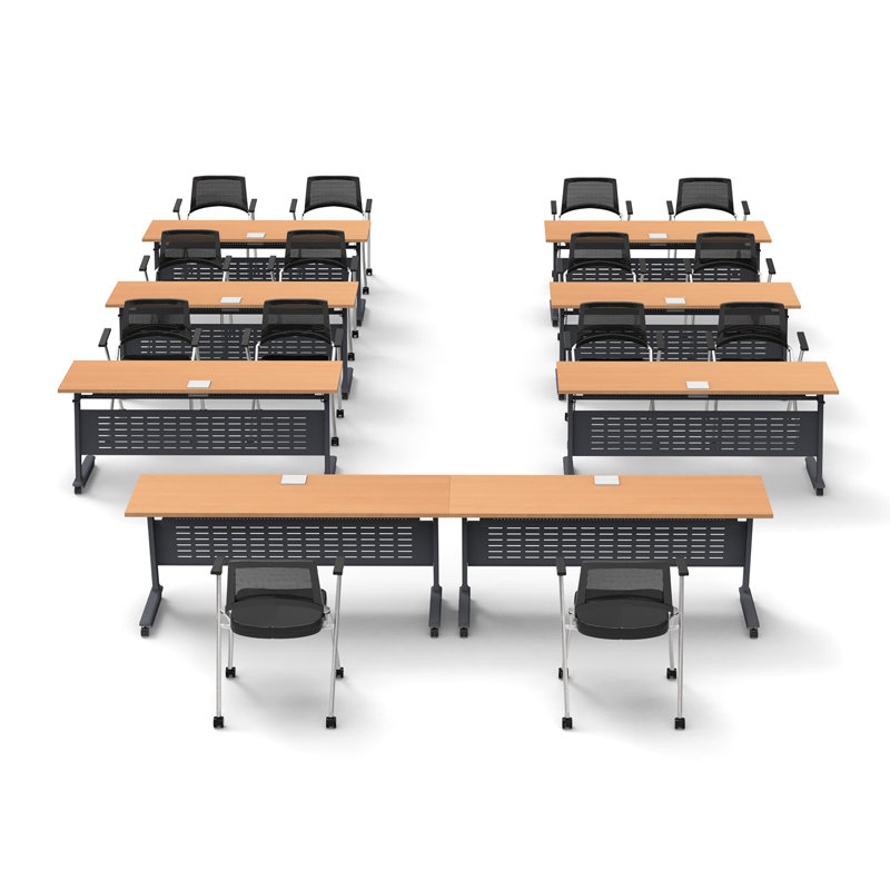 Tables Training Meeting Seminar Classroom 8Pc Beech Folding Industrial Caster Z-Base. Tables Connect.  Modesty Panel, Shelf, Power+Usb Outlet. Fold+Nest For Storage (Seating Not Included).