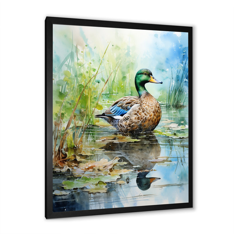 Duck Pond Reflections I - Duck Animal, art mural, Cadre simple noir, H 20 po x l 12 po x P 1 po