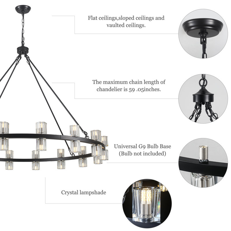 32 - Light 49.21" Large Dimmable Round K9 Crystal Wagon Wheel Chandelier For Dining Room Living Room, Matte Black