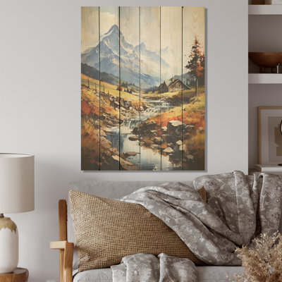 Alpine Nostalgia Creek Landscape - Mountains Wood Art On Natural Pine Wood
