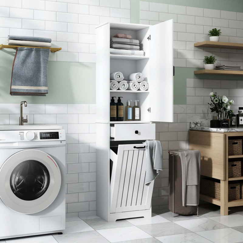 White Laundry Storage With 1 Cabinet And 1 Drawer, Compact Organizer For Bathroom