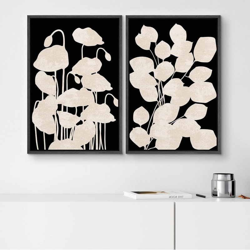 «Black White Flower Leaf Blur Collage Nature Modern Art Rustic Chic on Canvas», reproduction de 2 pièces, Cadre flottant noir