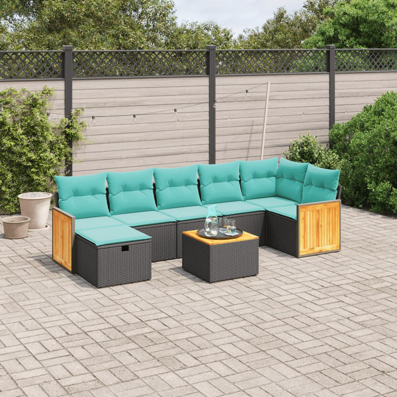 Ensemble de canapé de patio 8 pièces avec coussins en rotin de polyester, Bleu clair, Noir