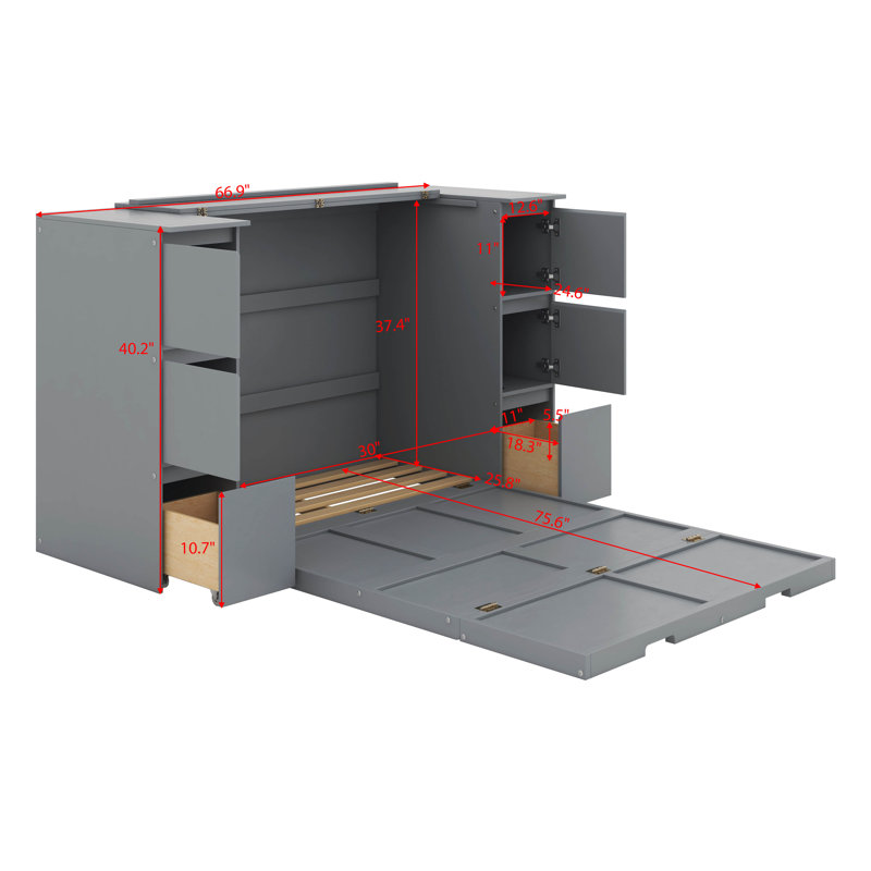  Lit escamotable Lu avec tiroirs, armoires et ports USB, Gris, Simple