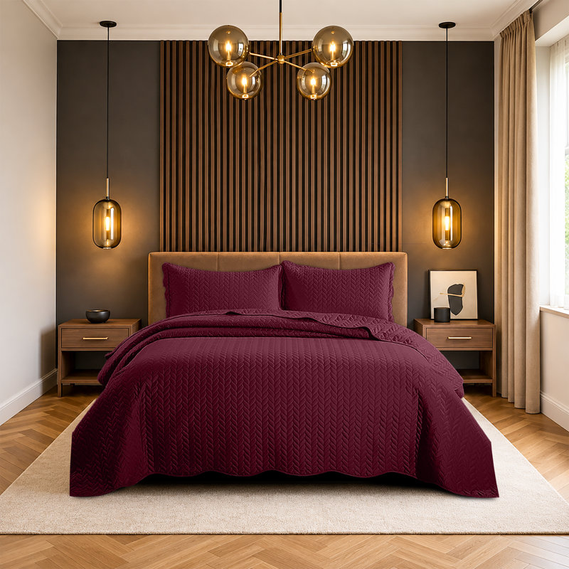 Ensemble de couvre-lit matelassé surdimensionné 100% microfibre Oxford, Couvre-lit très grand + 2 taies d'oreiller, Bourgogne