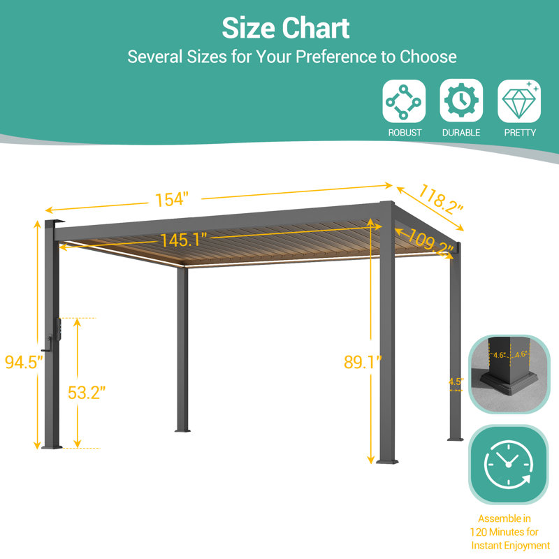 Outdoor Aluminum Pergola with Adjustable Louvered Roof and Solar LED Lights, 10 ft x 13 ft, Dark Gray