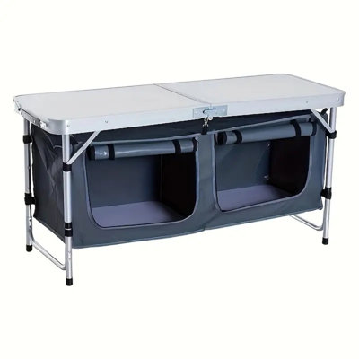 47" Aluminum Folding Camping Table, Adjustable Height Outdoor Picnic Table With Carrying Handle And Storage Organizer Cabinets