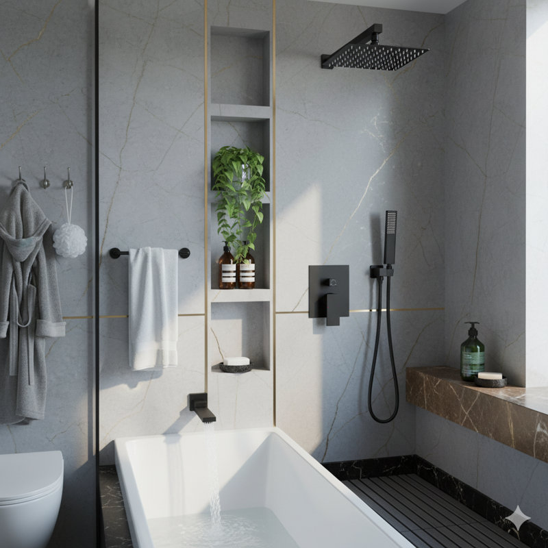12-Inch High Pressure Wall Mounted Rain Shower System with Handheld Shower Head, Tub Spout, and Rough-In Valve, Matte Black