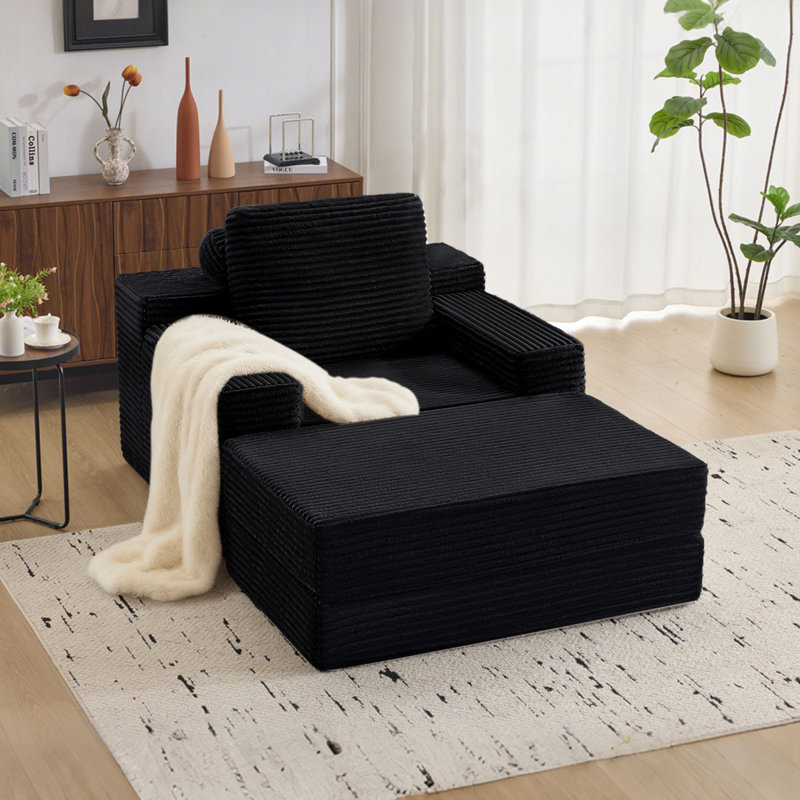 48" Upholstered Corduroy Sleeper Sofa Bed ,Convertible Chaise Lounge Couch with Removable Pillow & Movable Table Tray, Deep Seat No-Assembly Sofa for Living Room, Bedroom, Studio Apartment