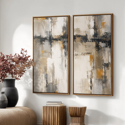 Neutral Beige Gray Geometric Abstract – Set of 2 Framed Wall Art Print on Canvas 60"x20"x2, 60"x30"x2