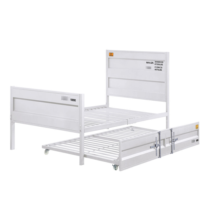 White Twin Bed With Metal Structure And Contemporary Headboard Design Slat