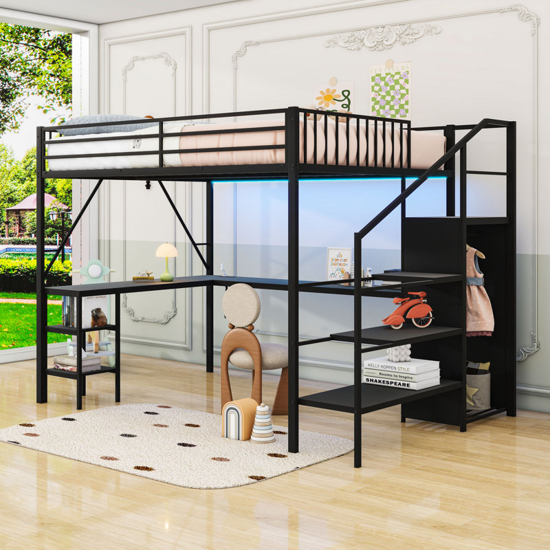 Metal Loft Bed With Open Wardrobe, LED Light, Desk, Charing Station And Storage Stair, Queen, Black